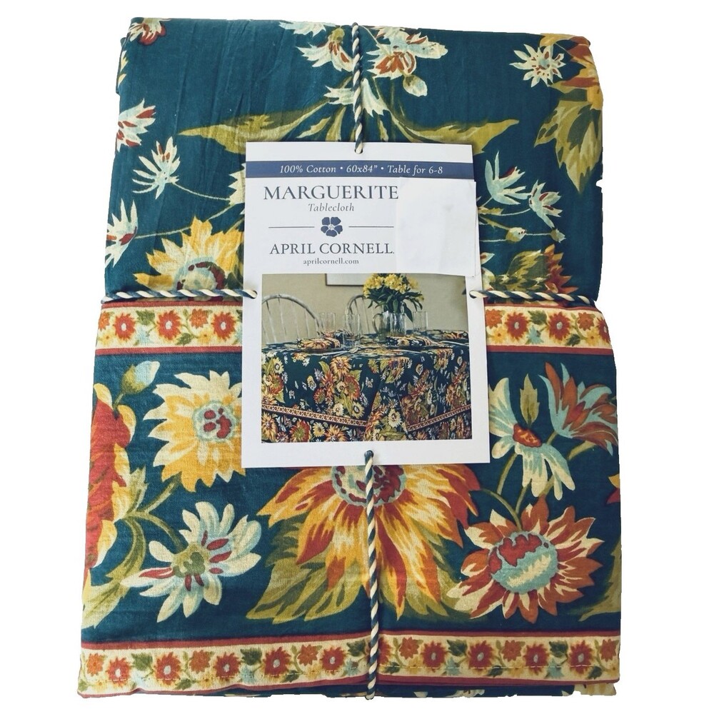 April Cornell MARGUERITE Floral Tablecloth 60x84 Blue Orange French Country